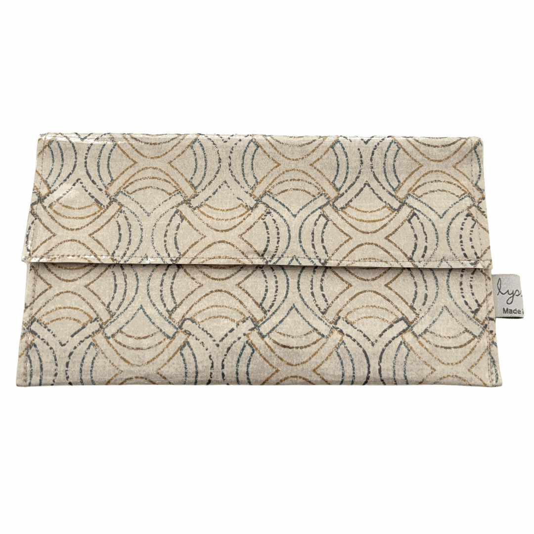Celtic weave wallpaper and vintage piano sheet music slimline wallet with magnetic clasp