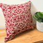 Red Fretwork Cushion Cover on natural linen with architectural gable design, hand screen-printed on upholstery-weight fabric