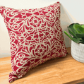 Red Fretwork Cushion Cover on natural linen with architectural gable design, hand screen-printed on upholstery-weight fabric