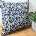 Blue fretwork cushion cover on natural linen with architectural design, 42x42 cm, hand screen-printed, eco-friendly inks