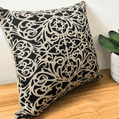 Handprinted fretwork cushion cover in black on natural linen with architectural design