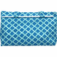 Noosa Escape Chopstick Handle Clutch Bag with blue and sea green block-printed fabric and white chopstick handles