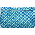Noosa Escape Chopstick Handle Clutch Bag with blue and sea green block-printed fabric and white chopstick handles