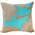 Dove Love Cushion Cover hand-printed in aqua on natural linen with eco-friendly inks