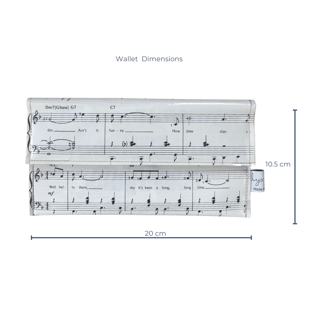Music sheet design wallet with dimensions on a white background