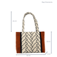 Close-up of burnt toffee Japanese cotton panel with woven chevron strap detail on handcrafted shoulder bag – Lyssy May. Dimensions of bag 32 cm wide by 23 cm high