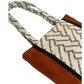Close-up of black and white woven chevron handle with cream topstitching on handcrafted Japanese cotton tote – Lyssy May