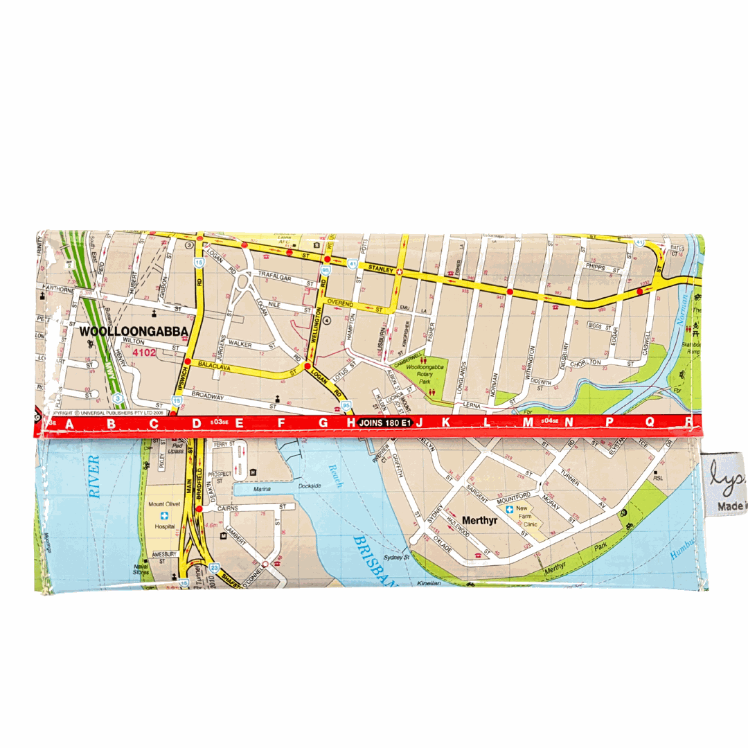 Recycled street map wallet featuring Brisbane suburbs New Farm, Woolloongabba, Kangaroo Point, and East Brisbane, made from vintage map pages with magnetic closure