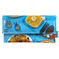 Retro Recipe Wallet featuring 1960s pineapple and egg dish cookbook pages with blue floral tablecloth design