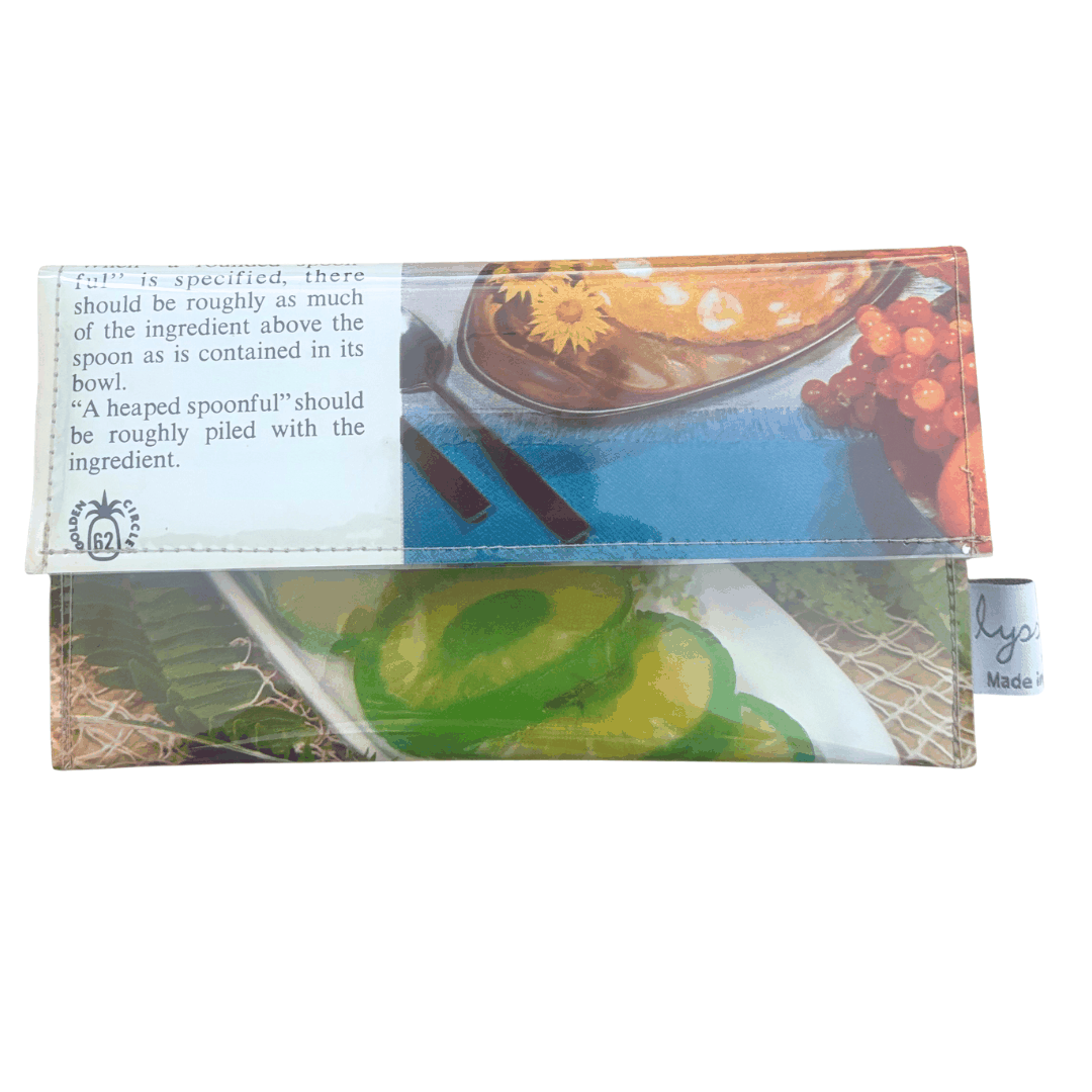 Retro recipe wallet made from 1960s cookbook pages featuring pineapple jelly dessert design with vintage floral lining and magnetic clasp