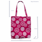 LyssyMay cottage garden tote bag with white floral pattern and measurements on a white background. 32 wide by 35 cm body of bag with 26 cm high handle.