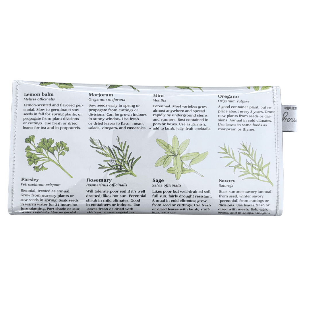 Herb illustrations and text on a white background back view of handmade wallet