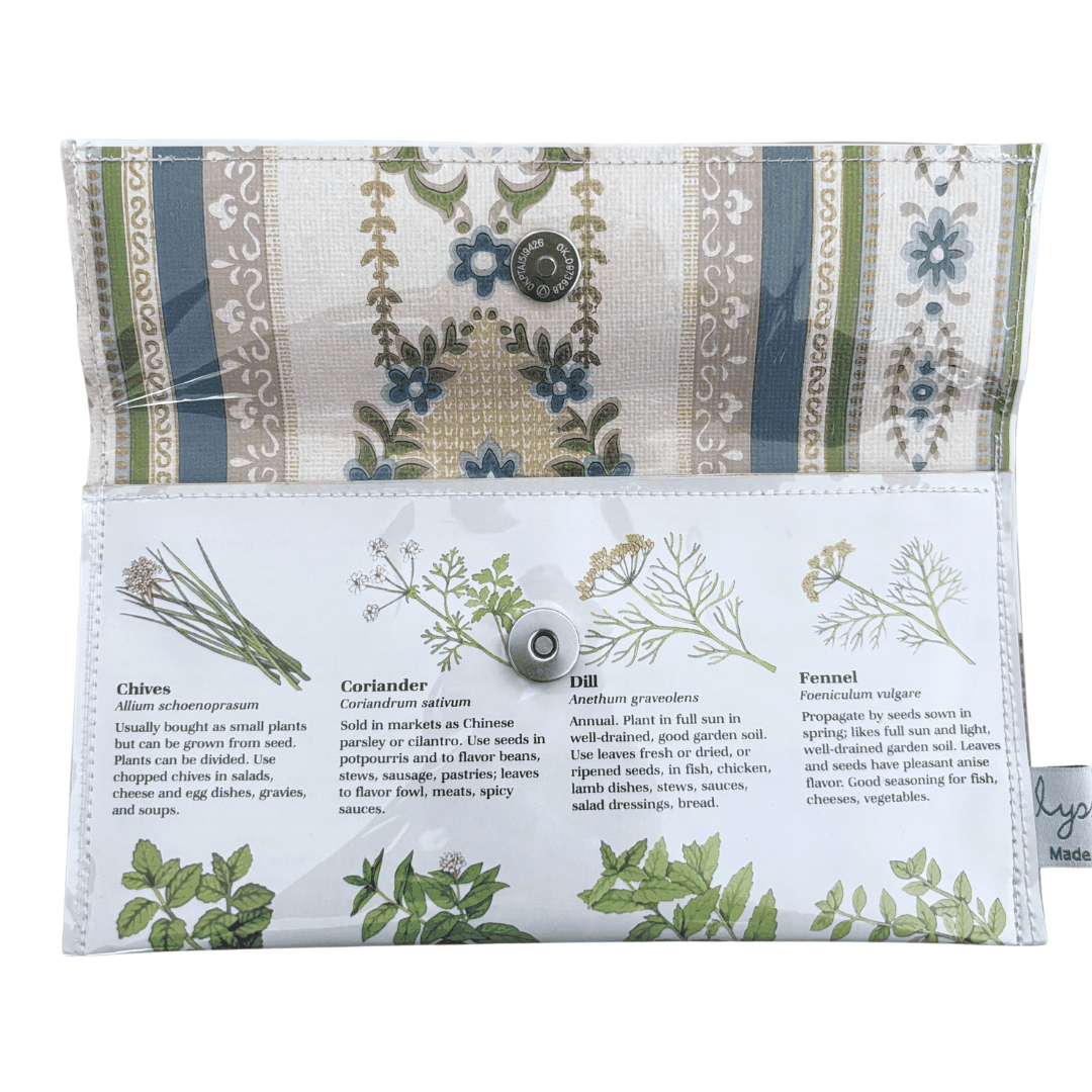 handmade wallet botanical designs and text on a white background