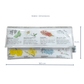 Lyssy May handmade wallet featuring pages from a vintage gardening book featuring illustrations of flowers. Inside view showing magnetic clip closure and dimensions 18.5 cm by 9 cm.