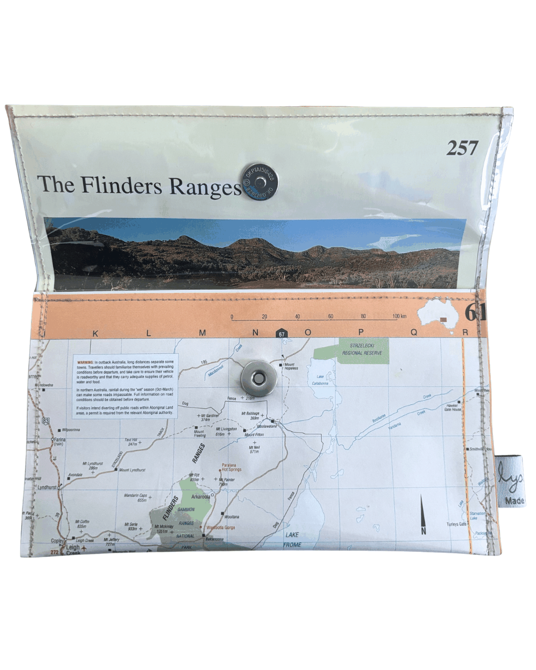 Recycled Map Wallet by LyssyMay South Australia Flinders ranges  inside view of lining with magnetic clip. 
