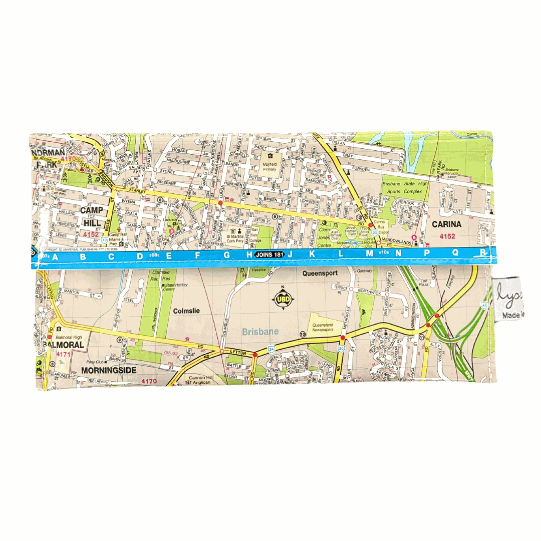 Recycled street map wallet featuring Brisbane suburbs Morningside, Colmslie, Balmoral, Seven Hills, and Cannon Hill