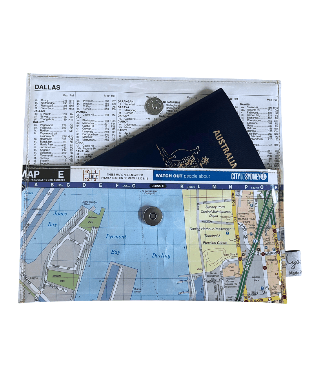 Passport in a  Sydney handmade map wallet by lyssymay on a white background