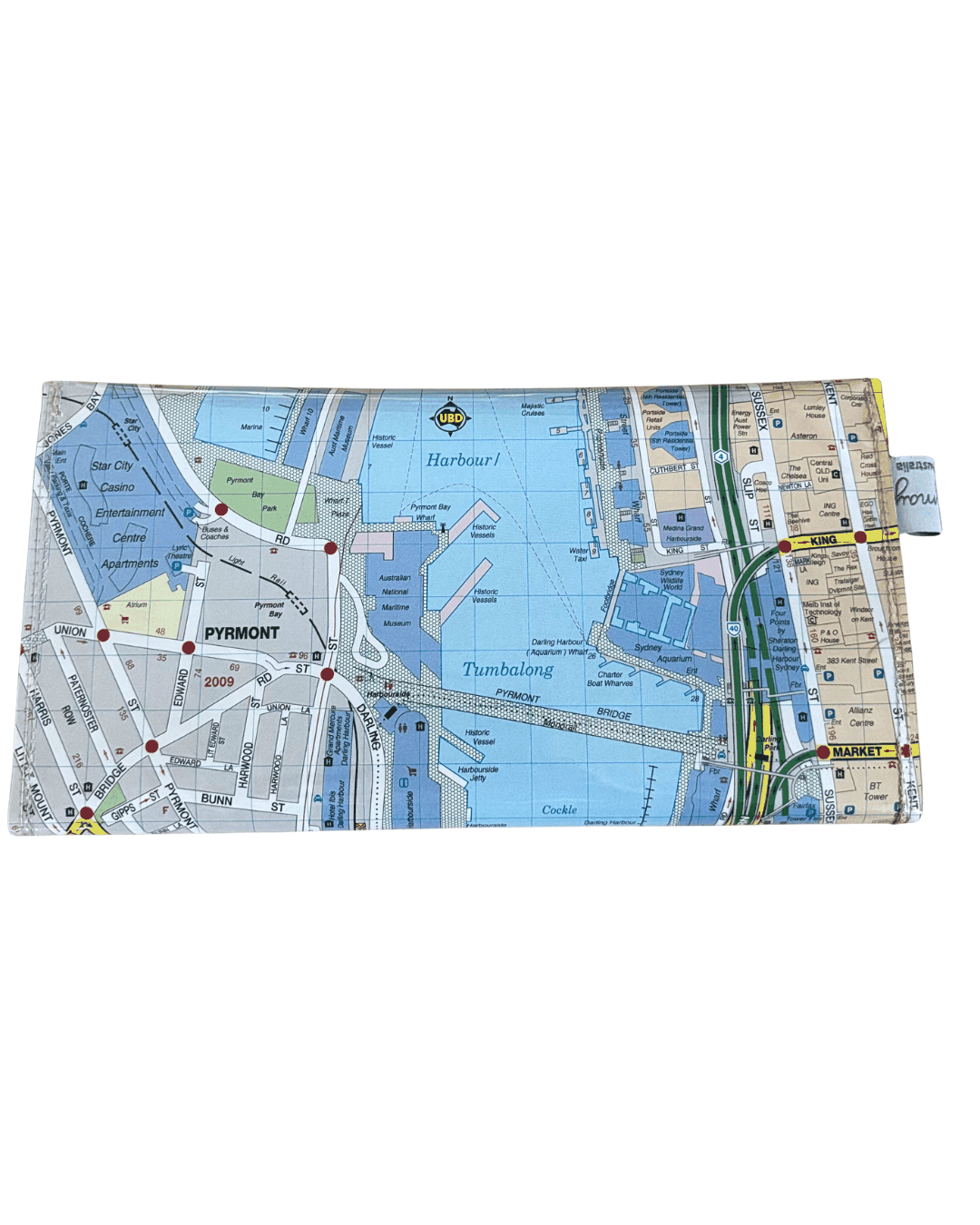 back view of lyssymay map wallet with harbor with streets and landmarks on a white background