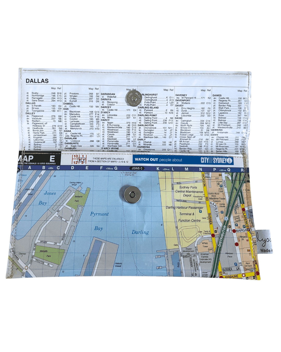 Map wallet of darling harbour sydney with metro lines and text on a white background