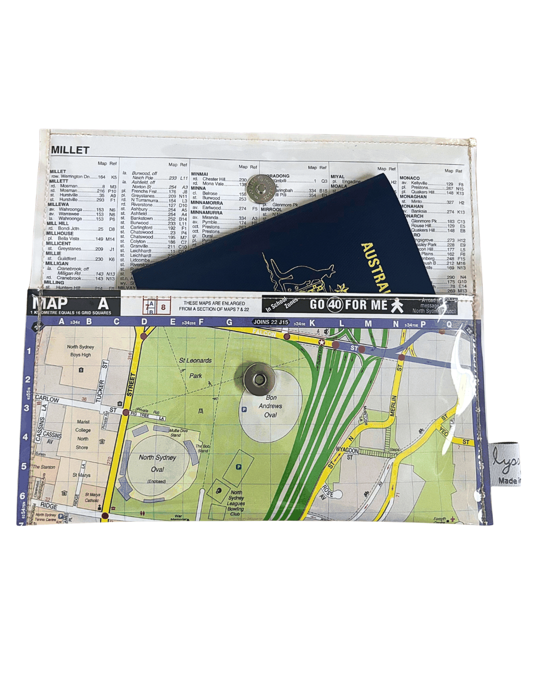 Map wallet with a map of Sydney on a white background