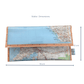 Map-patterned wallet with dimensions on a white background
