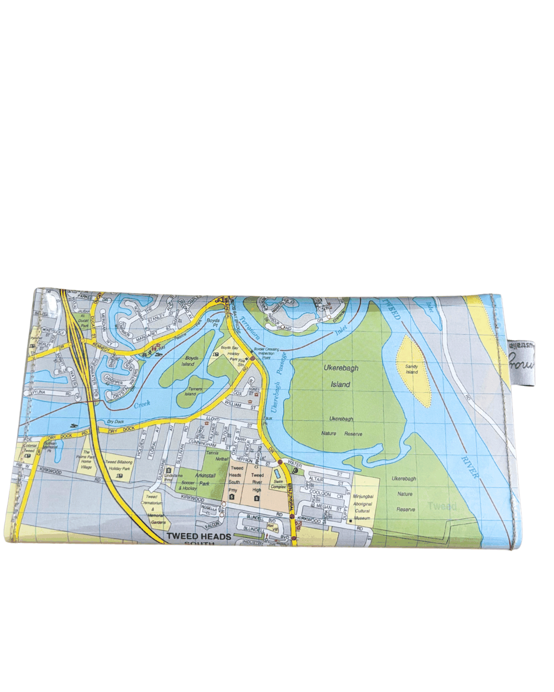 Recycled street map wallet featuring Gold Coast Tweed Heads and Coolangatta streets from 2000s Brisbane UBD directory. Back view of wallet.