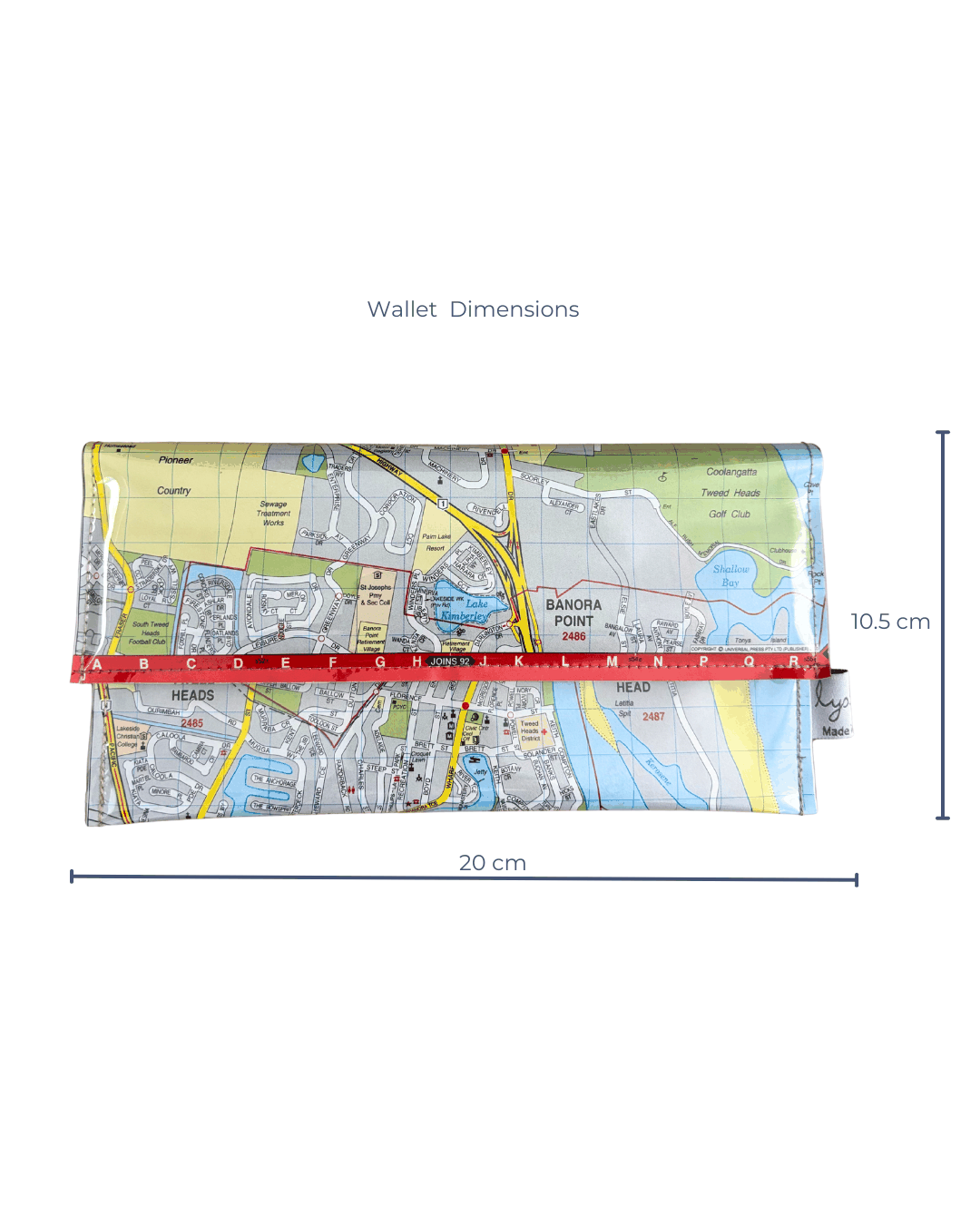 Recycled street map wallet featuring Gold Coast Tweed Heads and Coolangatta streets from 2000s Brisbane UBD directory. Dimensions of wallet 20 cm wide by 10.5 cm high.