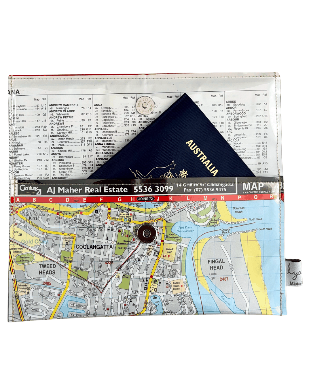 Recycled street map wallet featuring Gold Coast Tweed Heads and Coolangatta streets from 2000s Brisbane UBD directory. Inside view of wallet showing how a passport fits inside.