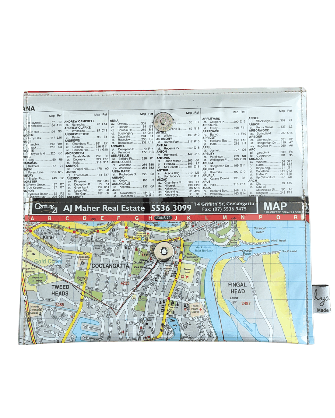 Recycled street map wallet featuring Gold Coast Tweed Heads and Coolangatta streets from 2000s Brisbane UBD directory. Inside view with street index lining and magnetic clip closure.