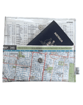 Recycled Map Wallet by LyssyMay Melbourne suburbs including Bentleigh. Inside view of lining with magnetic clip and illustrates how a passport fits inside the wallet.