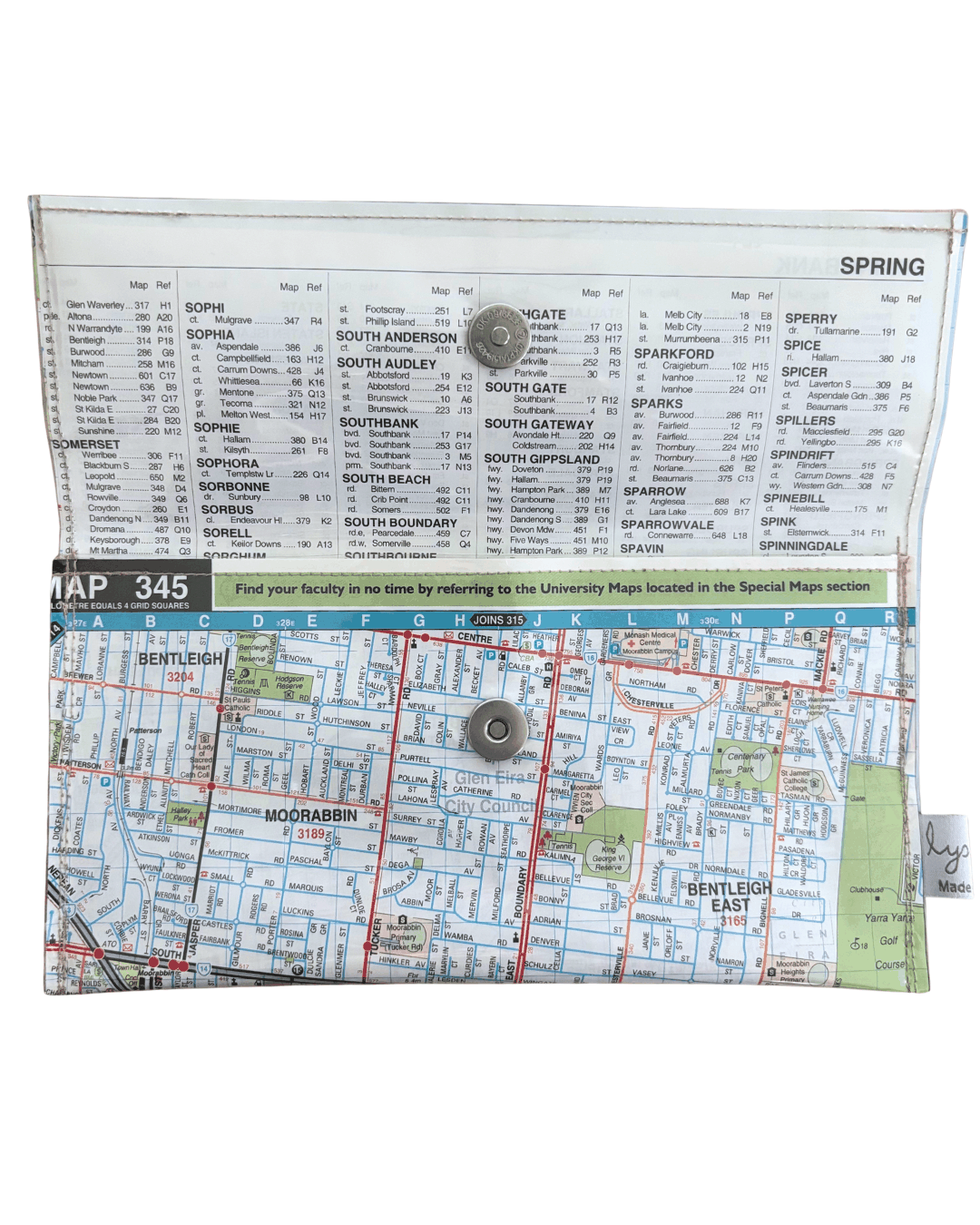 Recycled Map Wallet by LyssyMay Melbourne suburbs including Bentleigh. Inside view of lining with magnetic clip 