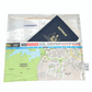 Recycled street map wallet featuring Mt Coot-tha and Brisbane suburbs design, made from vintage UBD directory pages. Inside view showing lining and passport in the wallet. Magnetic clip closure.