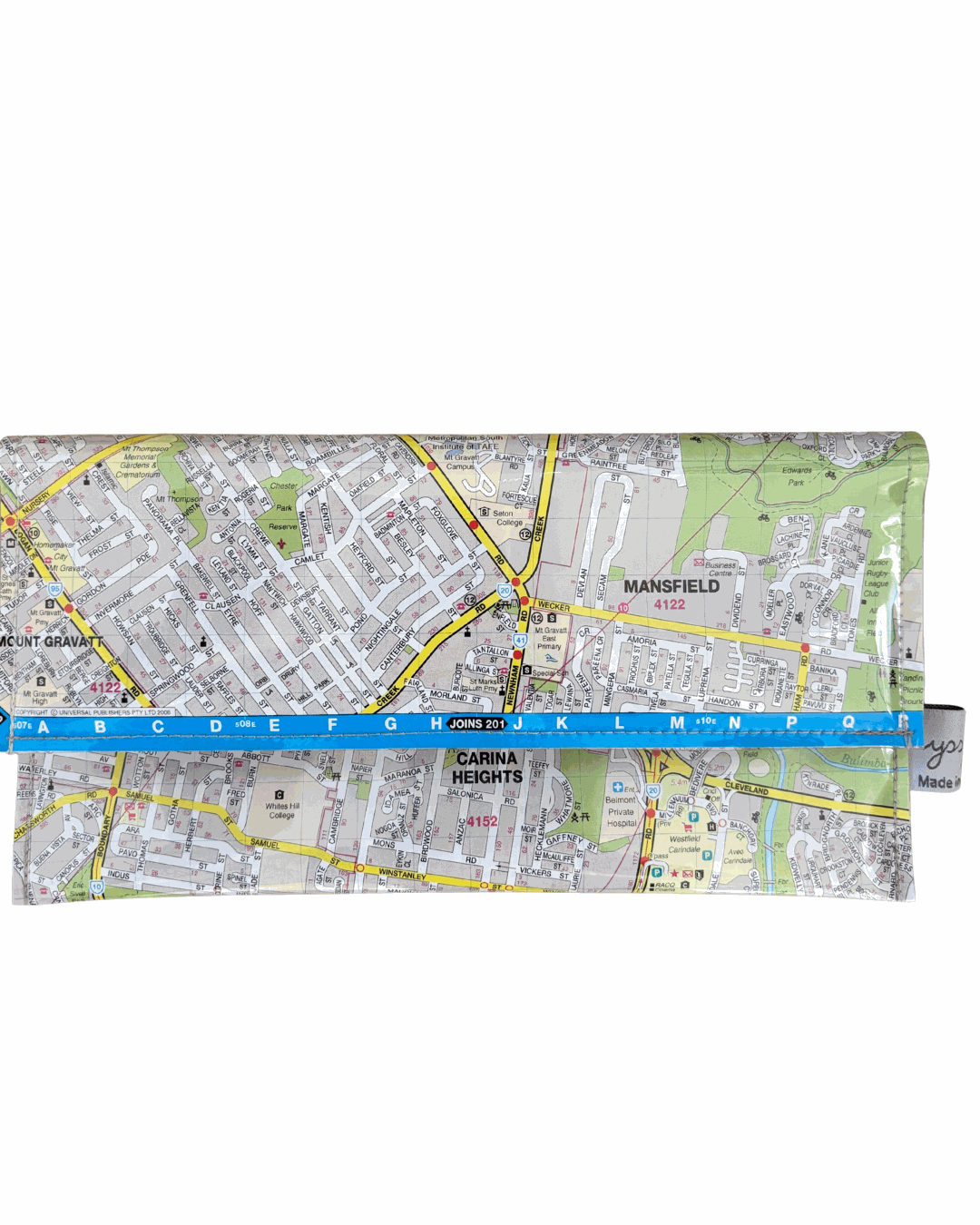 Recycled street map wallet featuring Carina Heights and surrounding Brisbane suburbs from original 2000s UBD map
