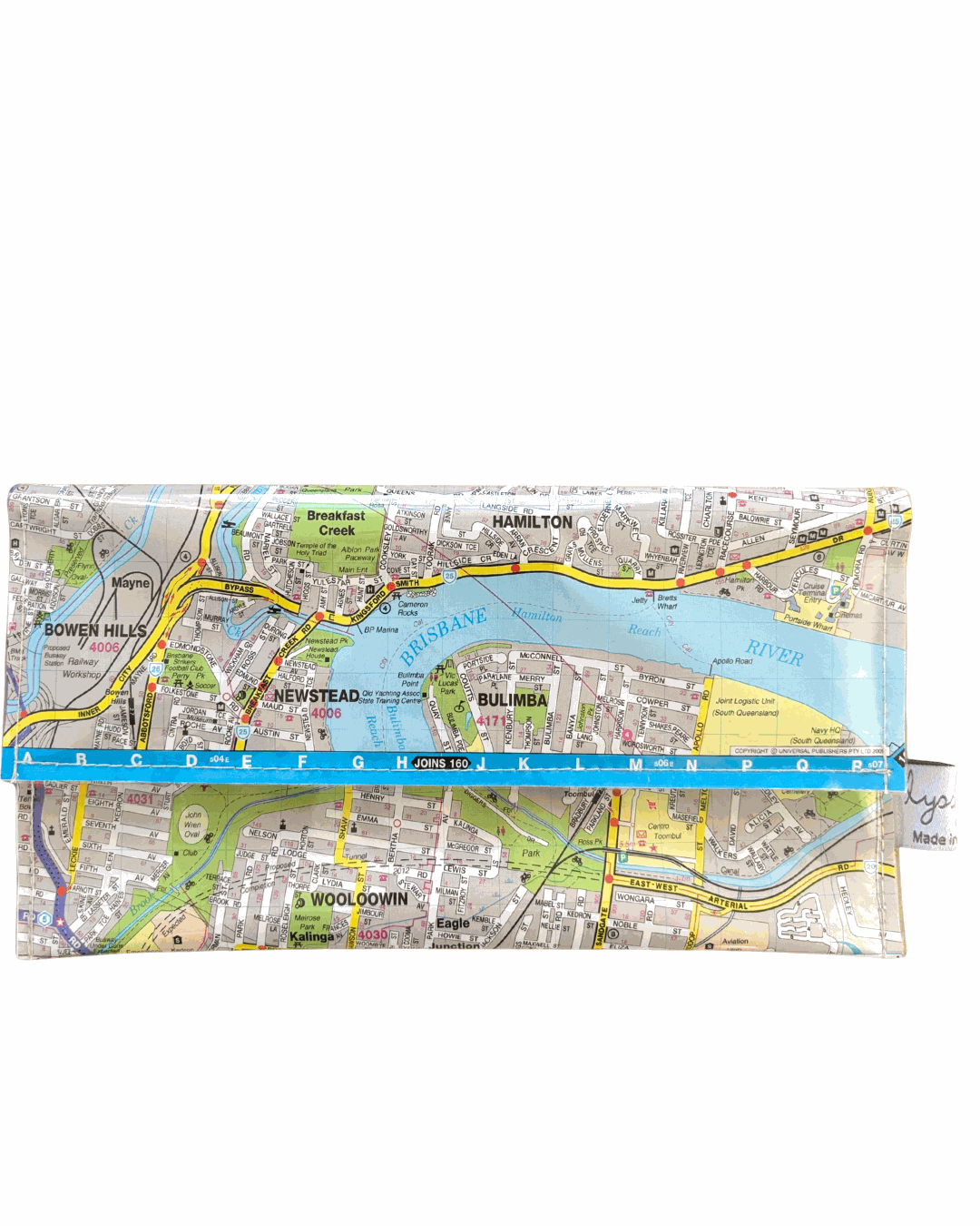 Lyssy May handmade map wallet featuring Hamilton, Clayfield, Albion, Ascot, Bowen Hills, Wooloowin, Kedron, Nundah and Bulimba.  front view of wallet.