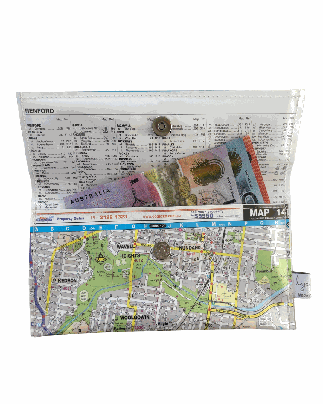 Recycled street map wallet featuring Hamilton, Albion, Clayfield Queensland suburbs with magnetic clip closure