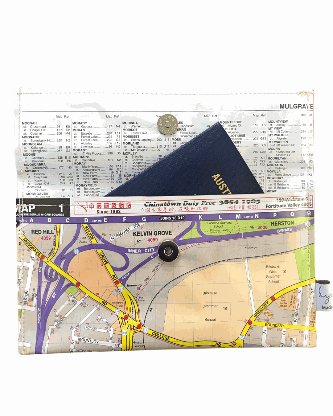 Map wallet of Brisbane with a map design on a white background